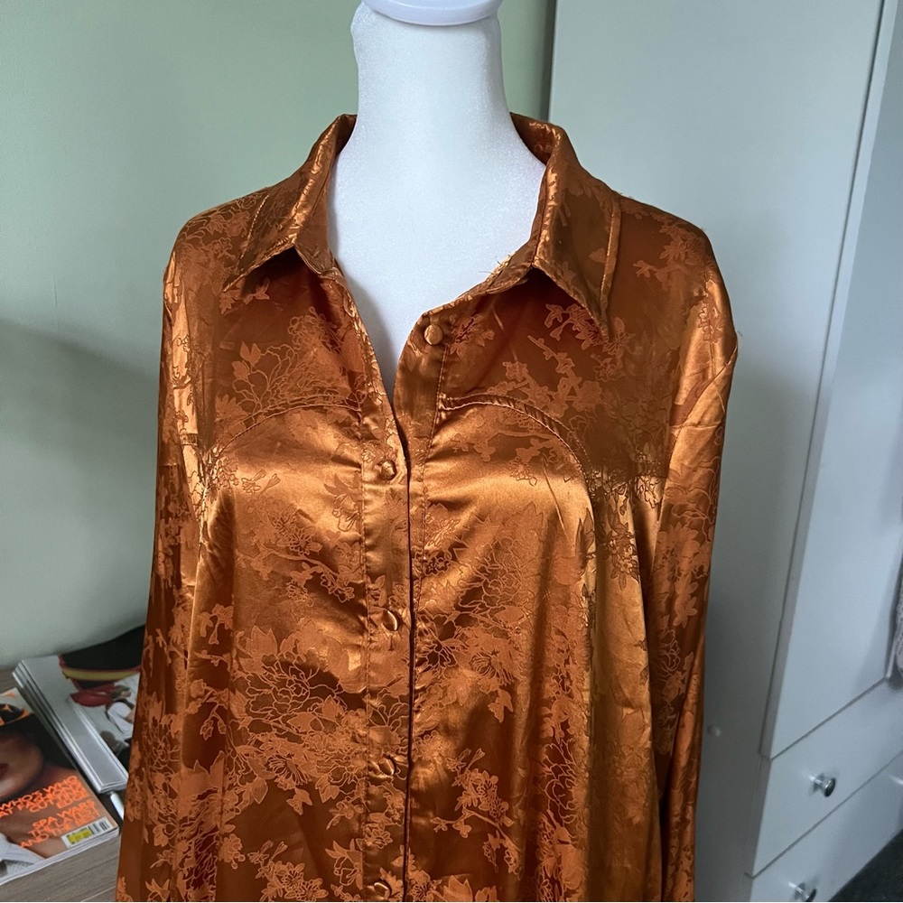 Metallic Copper Orange Floral Modest Long-Sleeve Button Down Shirt Flowy Dress - Picture 6 of 16